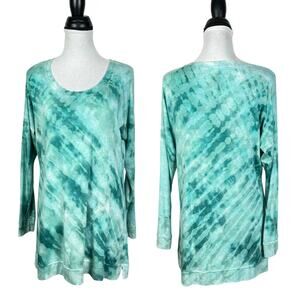 Soft Surroundings | Blue Green Tie Dye Scoop Neck Long Sleeve Soft Tunic Sweater